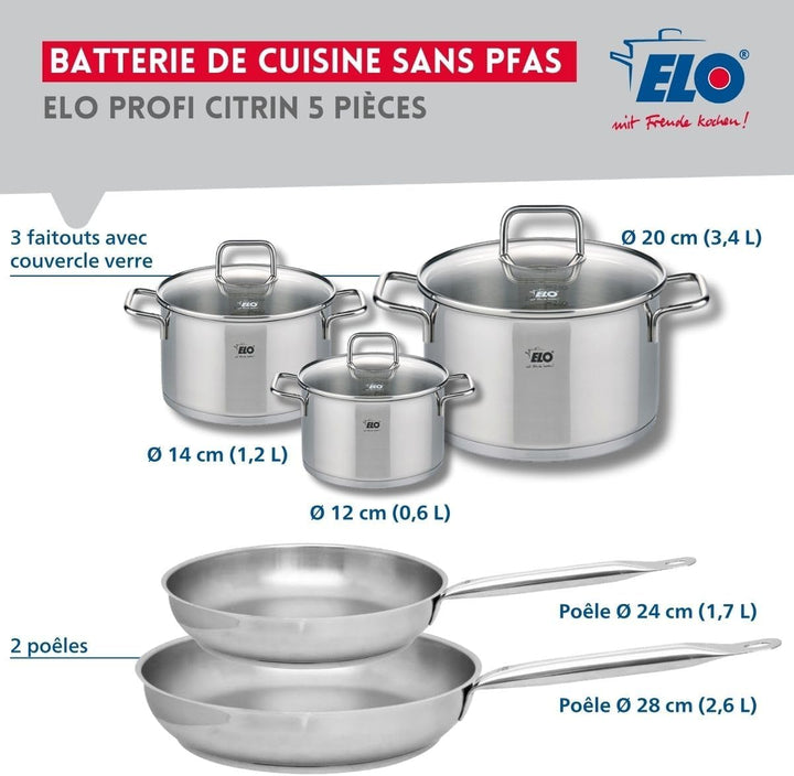 ELO 9503150 Kochgeschirr-Set, 5-teilig, 2 Bratpfannen 24 und 28 cm und 3 Kochtöpfe 12, 14 und 20 cm