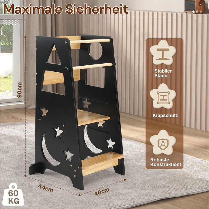 LEADZM Lernturm ab 1 Jahr，Learning Tower，3-Stufige Höhenverstellung aus Holz，mit Anti-Rutsch-Streife