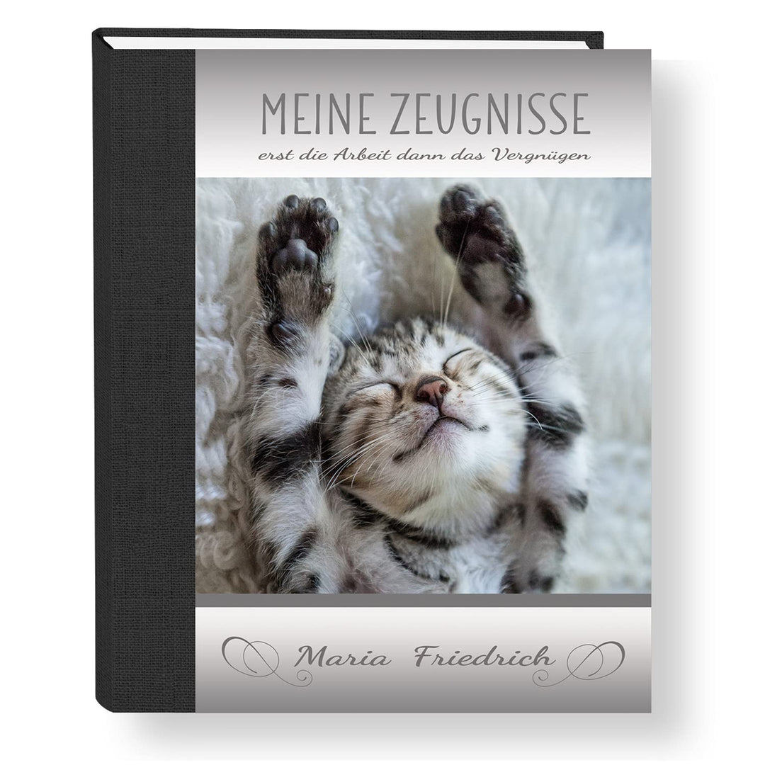 Zeugnismappe personalisiert Relax Cat A4 ca. 31x24 cm, grau, Zeugnisbuch Katze, Urkundenmappe Einsch