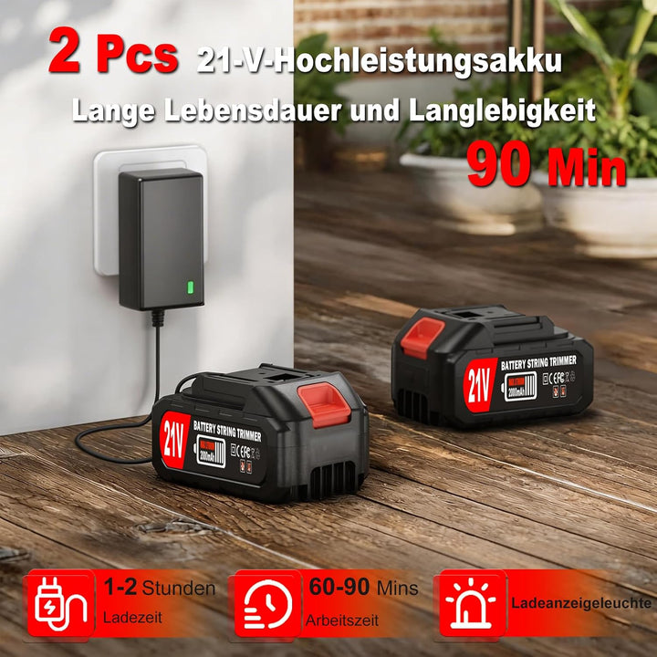 Akku-Rasentrimmer 21V Elektrischer Rasentrimmer - Motorsense akku Mit 2x2000mAh Batterie und 4 Messe