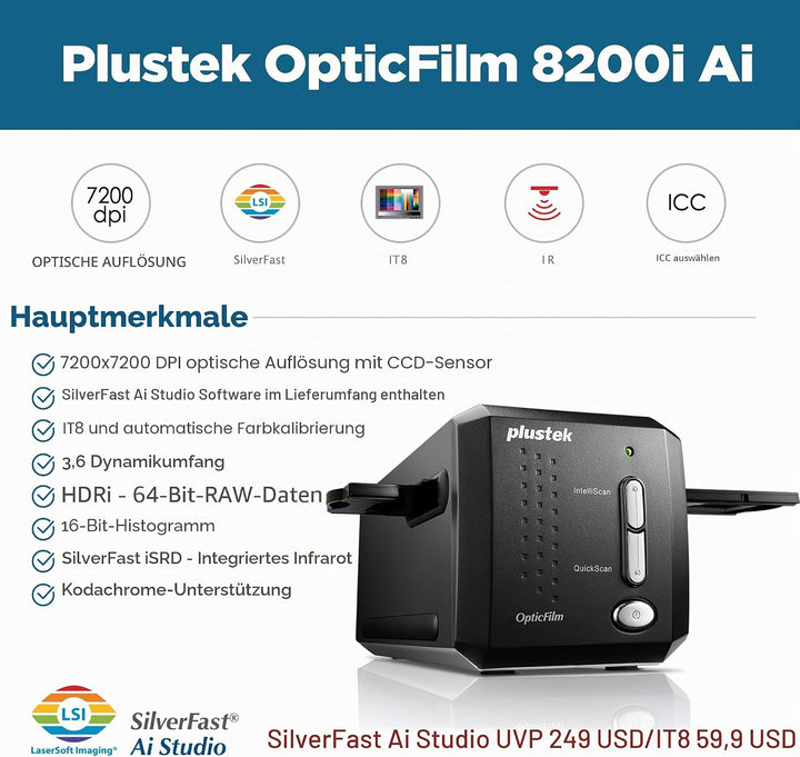 Plustek OpticFilm 8200i Ai Film/Slide Scanner 7200 x 7200DPI Schwarz - Scanner (36,8 x 25,4 mm, 7200