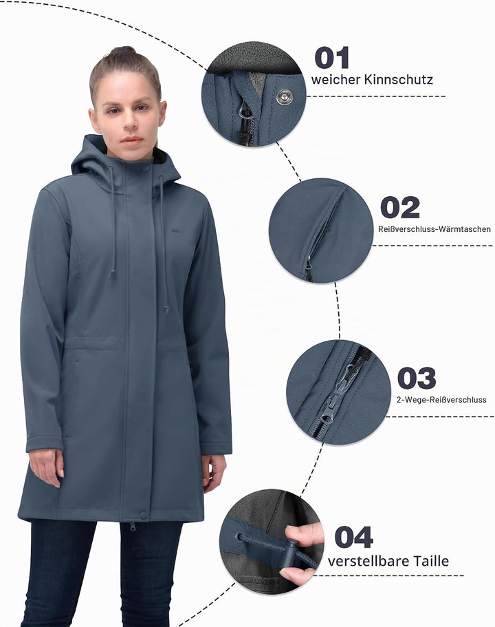 33,000ft Damen Leichte Wasserdichte Softshell Regenjacke Lange Funktionsjacke Übergangsjacke Windjac