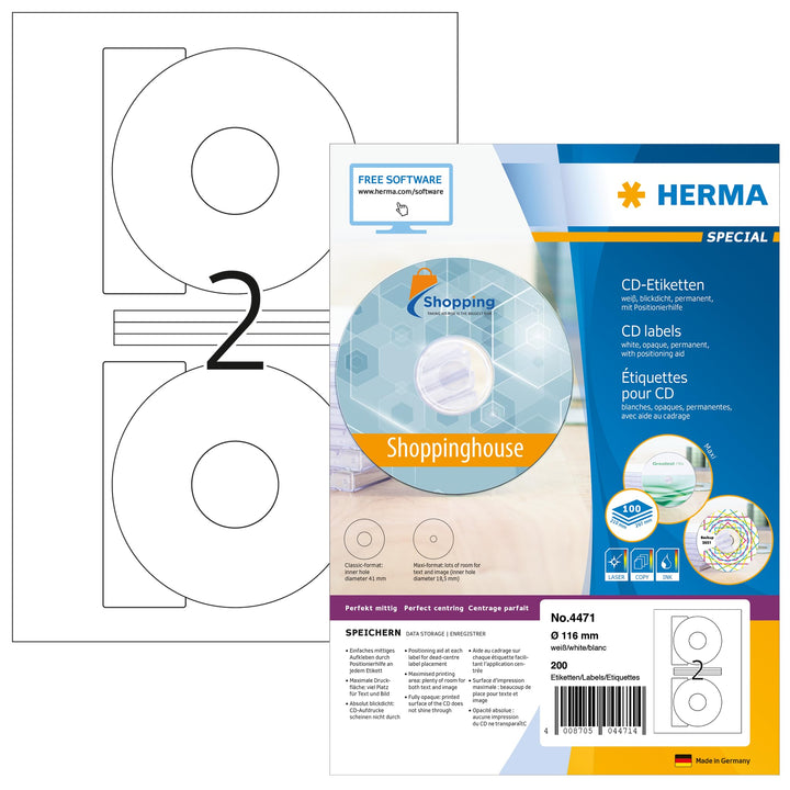 HERMA 4471 CD DVD Etiketten inkl. Zentrierhilfe blickdicht, 100 Blatt, Ø 116 mm, 2 Stück pro A4 Boge