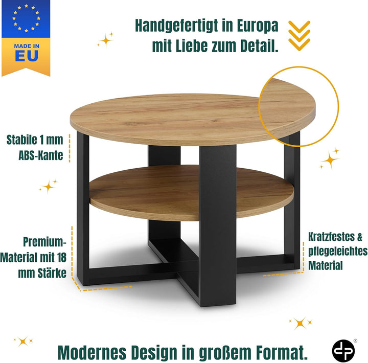 defiPad Couchtisch rund Eiche Ø70 cm - Beistelltisch mit Ablage - 2 Ebenen, runder moderner Kaffeeti