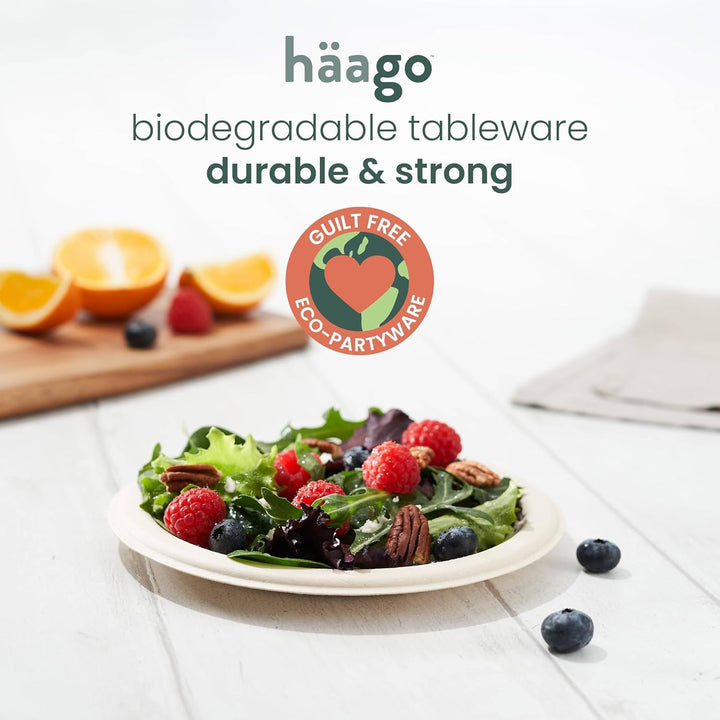 HAAGO Zuckerrohr Bagasse Einwegteller für Geburtstage, Hochzeiten, Partys - Stabil, Umweltfreundlich