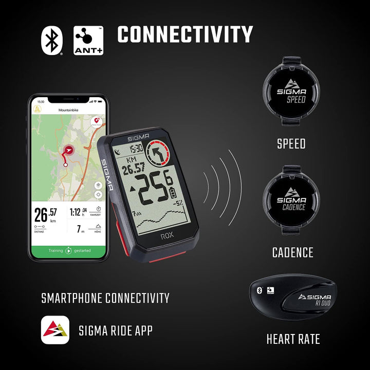 SIGMA ROX 4.0 (Black) HR Set | GPS Fahrradcomputer inkl. Herzfrequenzmesser | E-Bike kompatibles Nav