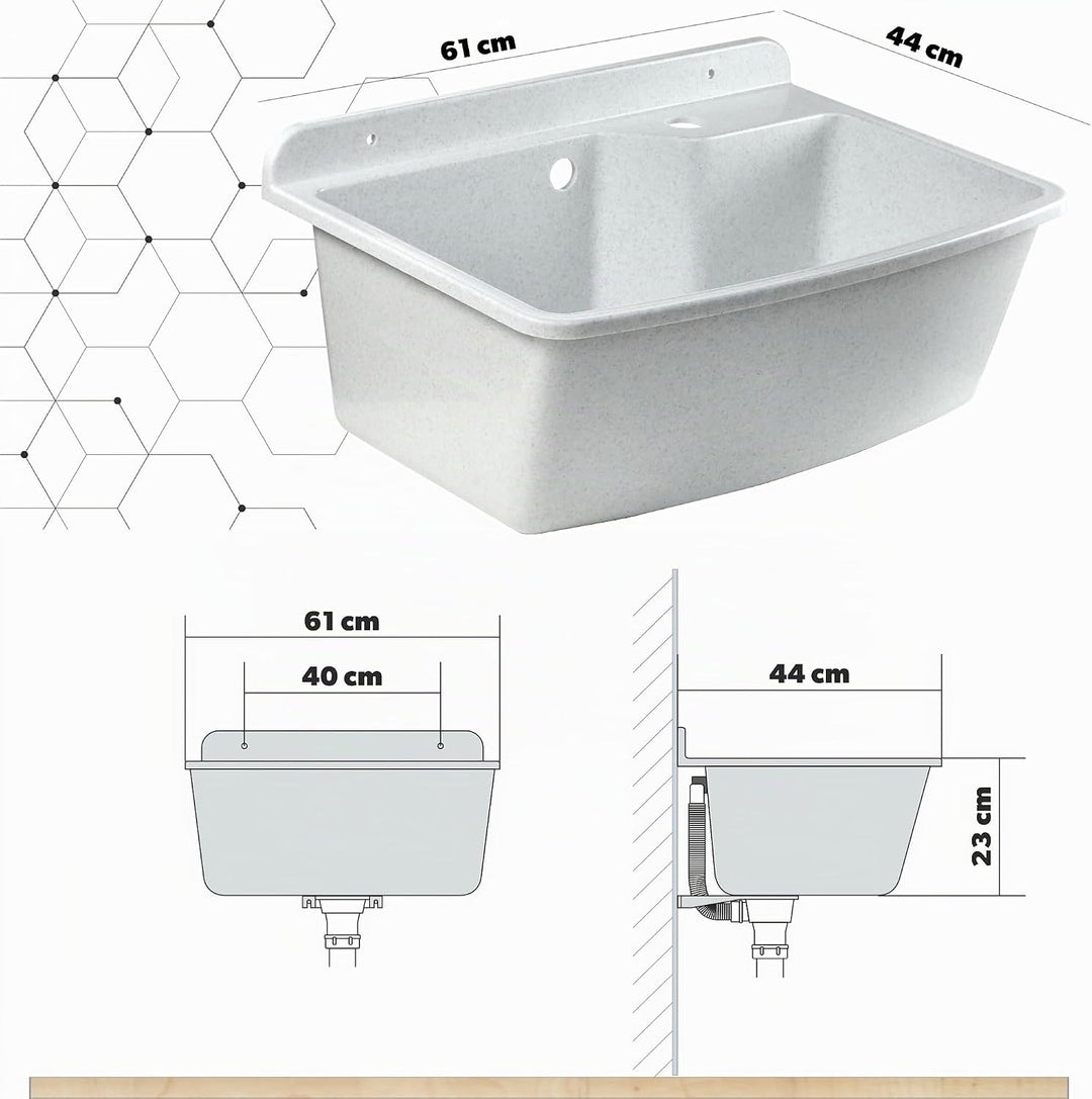 GOSPO Ausgussbecken mit stehende Armatur, Waschbecken 61 cm x 44 cm x 23,5 cm, Waschtrog mit Überlau