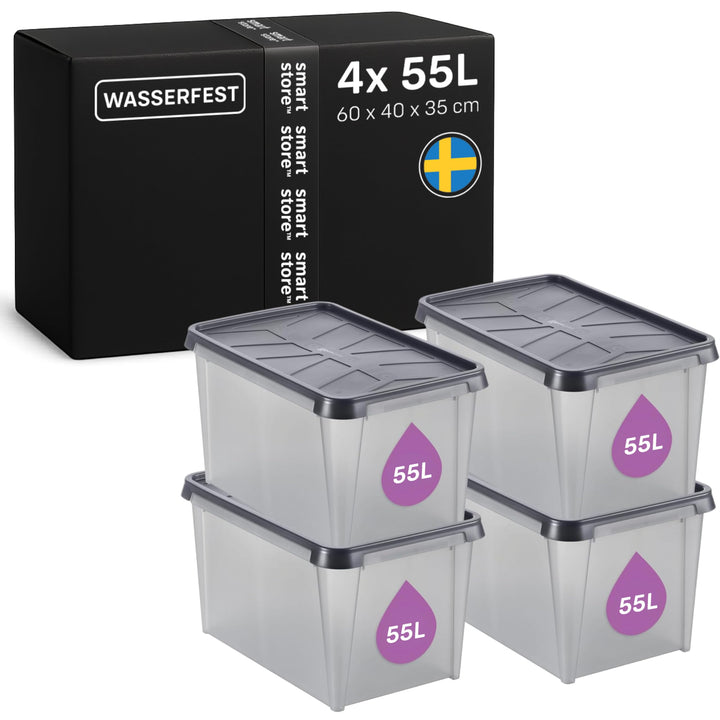 SmartStore Aufbewahrungsbox mit Deckel 50 L wasserdicht Plastik – 4er-Set – mattiert - ineinander &