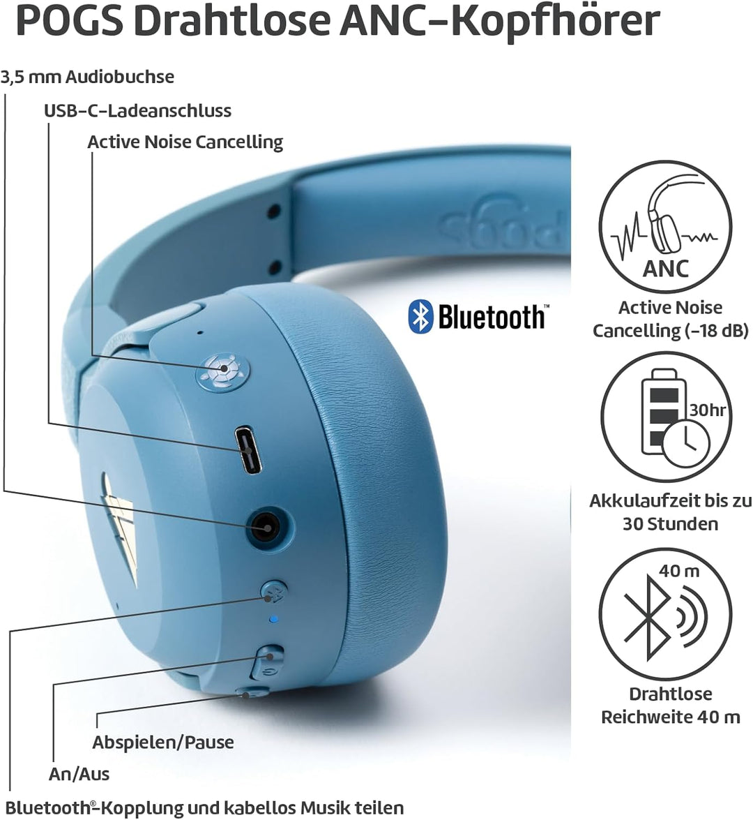 POGS Drahtloser Bluetooth Over-Ear Noise Cancelling-Kopfhörer | The Turtle | Faltbarer robuster Kopf