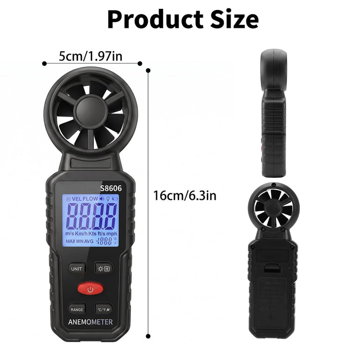 Handheld Digital Anemometer Windmesser 3 in 1, Temperatur- und Windchillanzeige, Luftstrom- und Luft