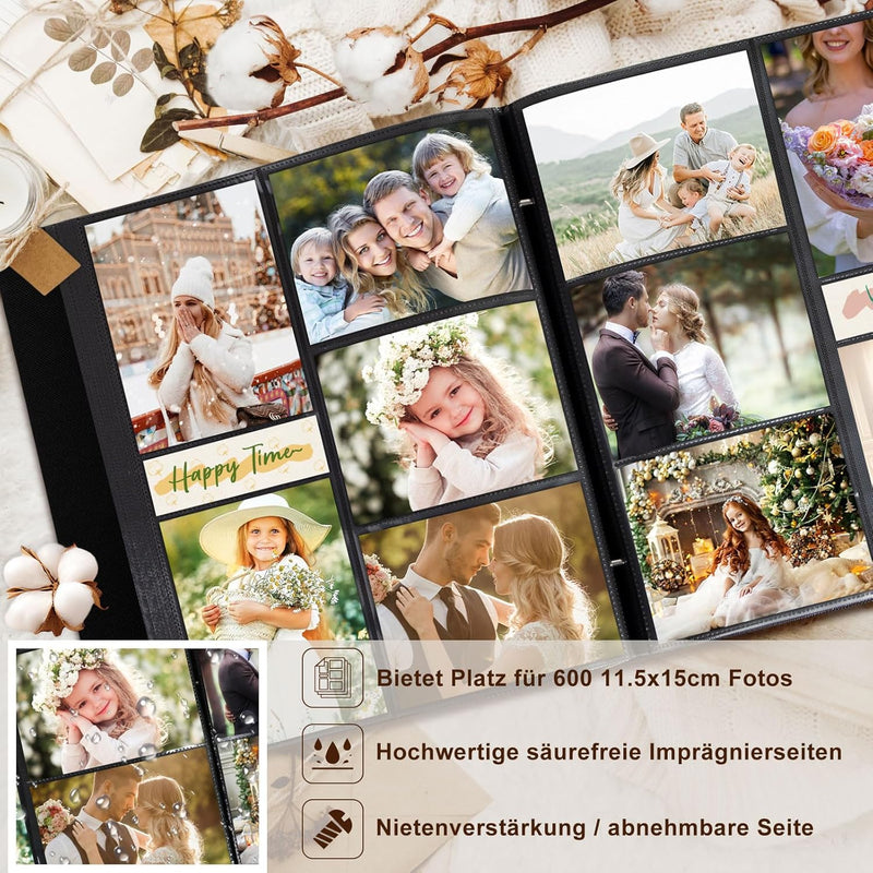 Lanpn Fotoalbum 11,5x15 11x15 600 Taschen, Grosses Leinen Einstecken Einsteckalbum für Vertikale und