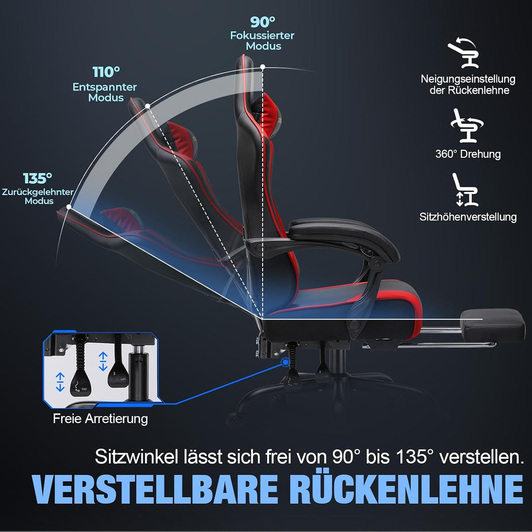 GTPLAYER Gaming Stuhl Chair Gamer Sessel - Ergonomischer Gamer Stuhl mit Fussstütze Kopfstütze und L