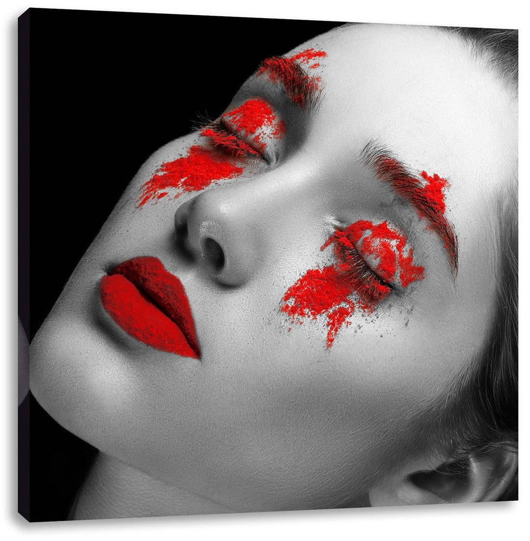 Frau mit roten Pulver auf Lippen und Augen schwarz/weiss, Format: 70x70 auf Leinwand, XXL riesige Bi