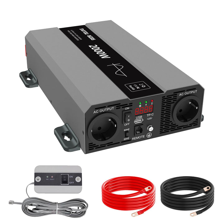 DATOUBOSS Wechselrichter 2000W 12V auf 230V, Reiner Sinus Spannungswandler, Power Inverter mit 2 AC-