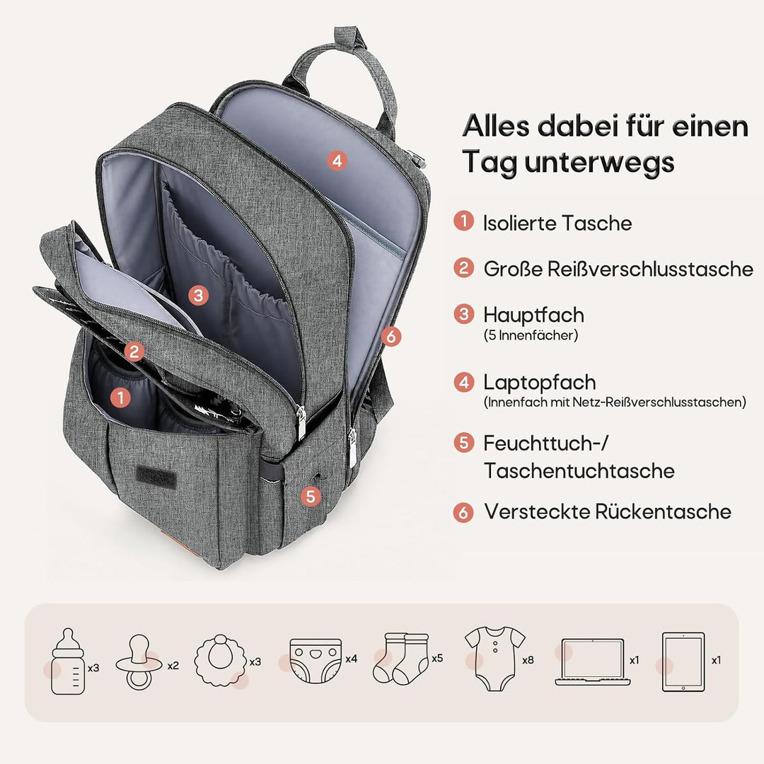 RAINSMORE Wickelrucksack Gross Baby Wickeltasche mit Wickelunterlage Grau | Wasserdichte Wickeltasch