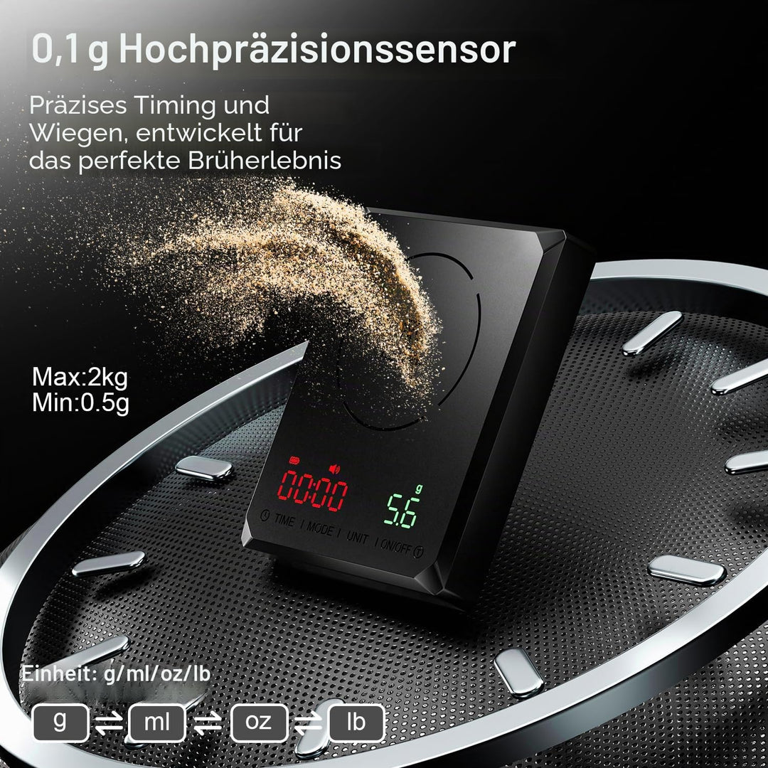 GRAM PRES Mini-Kaffeewaage mit Timer, wiederaufladbare Espressowaage 2kg/0,1g, für Espresso und Pour