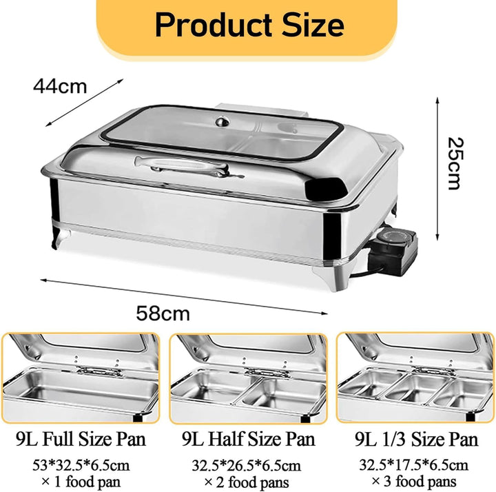 Chafing Dish Elektrisch, 9L Edelstahl Speisewärmer Buffetwärmer mit Sichtbarem Glasdeckel, Einstellb