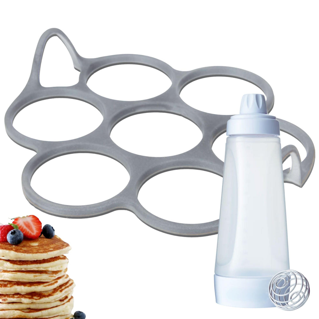 AKENZ - Silikonform mit 7 Ringen für Pfannkuchen, Blinis und Eier, inklusive Pfannkuchenmischer