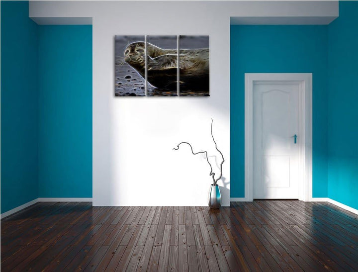 süsse Robbe beim Putzen NewArt 3-Teiler Leinwandbild 120x80 Bild auf Leinwand, XXL riesige Bilder fe