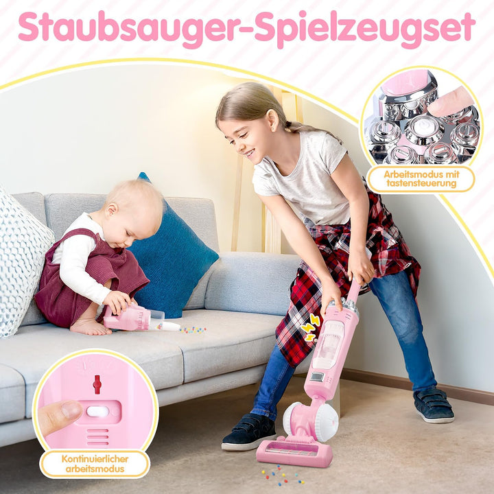 PLAY 2 in 1 Kinder Staubsauger Set, Elektrischer Staubsauger Spielzeug mit Eva-Granulat, Saugen und