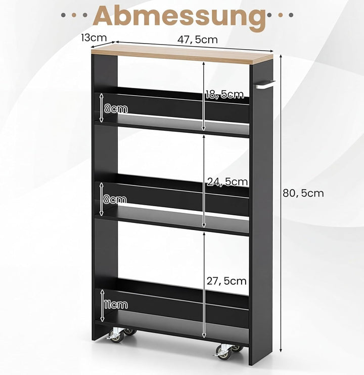 COSTWAY Nischenwagen 13cm breit, 4 Etagen Küchenwagen schmal, Nischenregal auf Rollen, Servierwagen