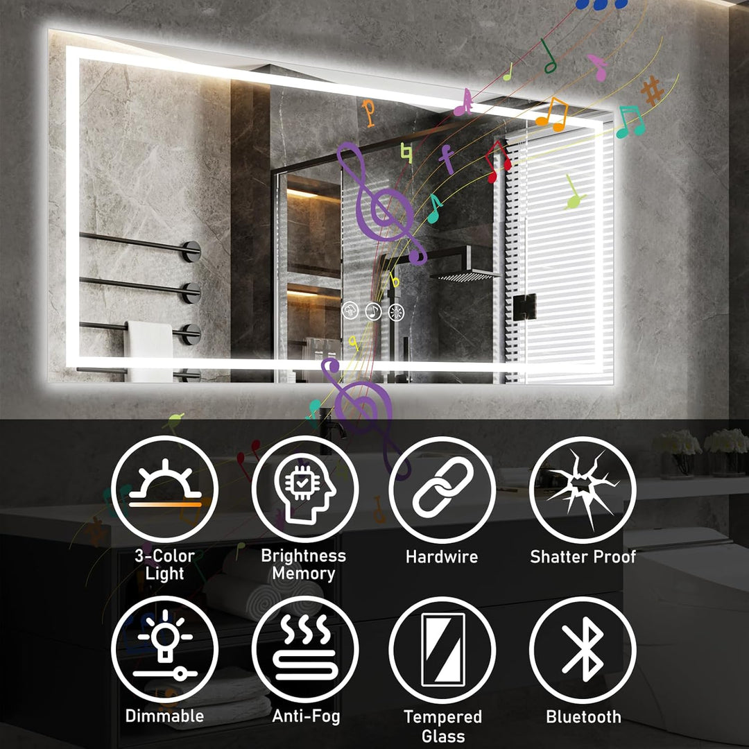 Ratsamee Badspiegel mit Beleuchtung LED, 100x60cm Bluetooth Spiegel mit Light, Wandspiegel mit Front