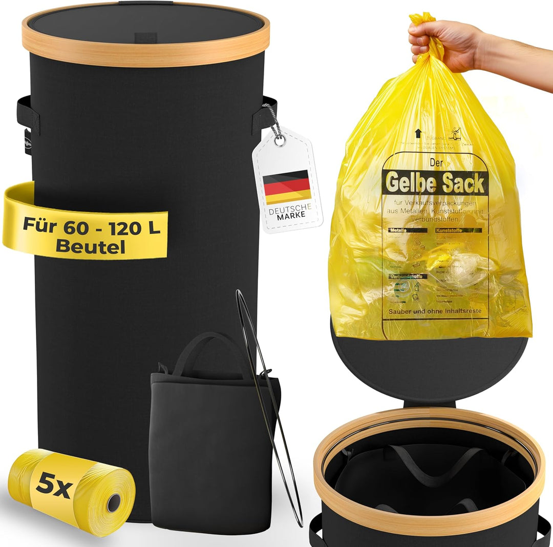 Gelber Sack Ständer mit Tragetasche & gelbe Säcke - Stabiler Müllsackständer, Mülleimer mit Deckel g