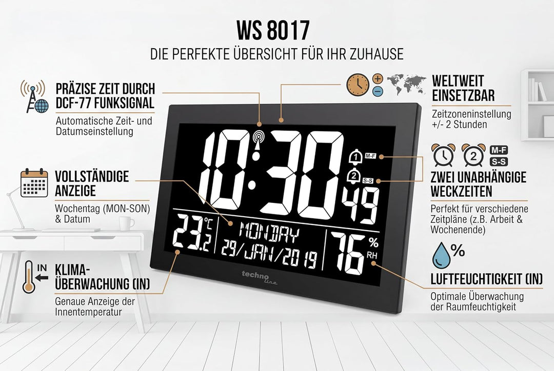 Technoline WS 8017 Funkwanduhr/Tischuhr mit Temperatur, Luftfeutchtigkeit, Datum, Tag, 2 Alarmzeiten