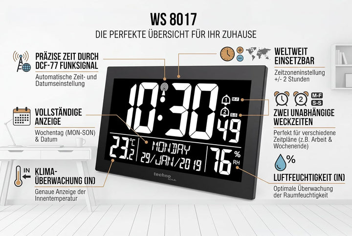 Technoline WS 8017 Funkwanduhr/Tischuhr mit Temperatur, Luftfeutchtigkeit, Datum, Tag, 2 Alarmzeiten
