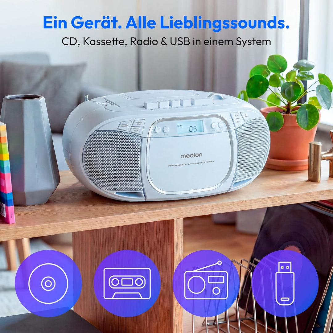 MEDION E66476 Stereo Sound System (Boombox, CD-Player, MP3, Kassette, tragbarer Kassettenspieler für