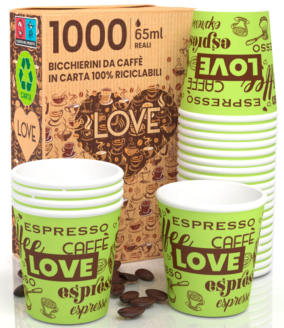 LoveGreenCUP 1000 Kaffeebecher aus Papier, 65 ml, umweltfreundlich, biologisch abbaubar, Einwegbeche