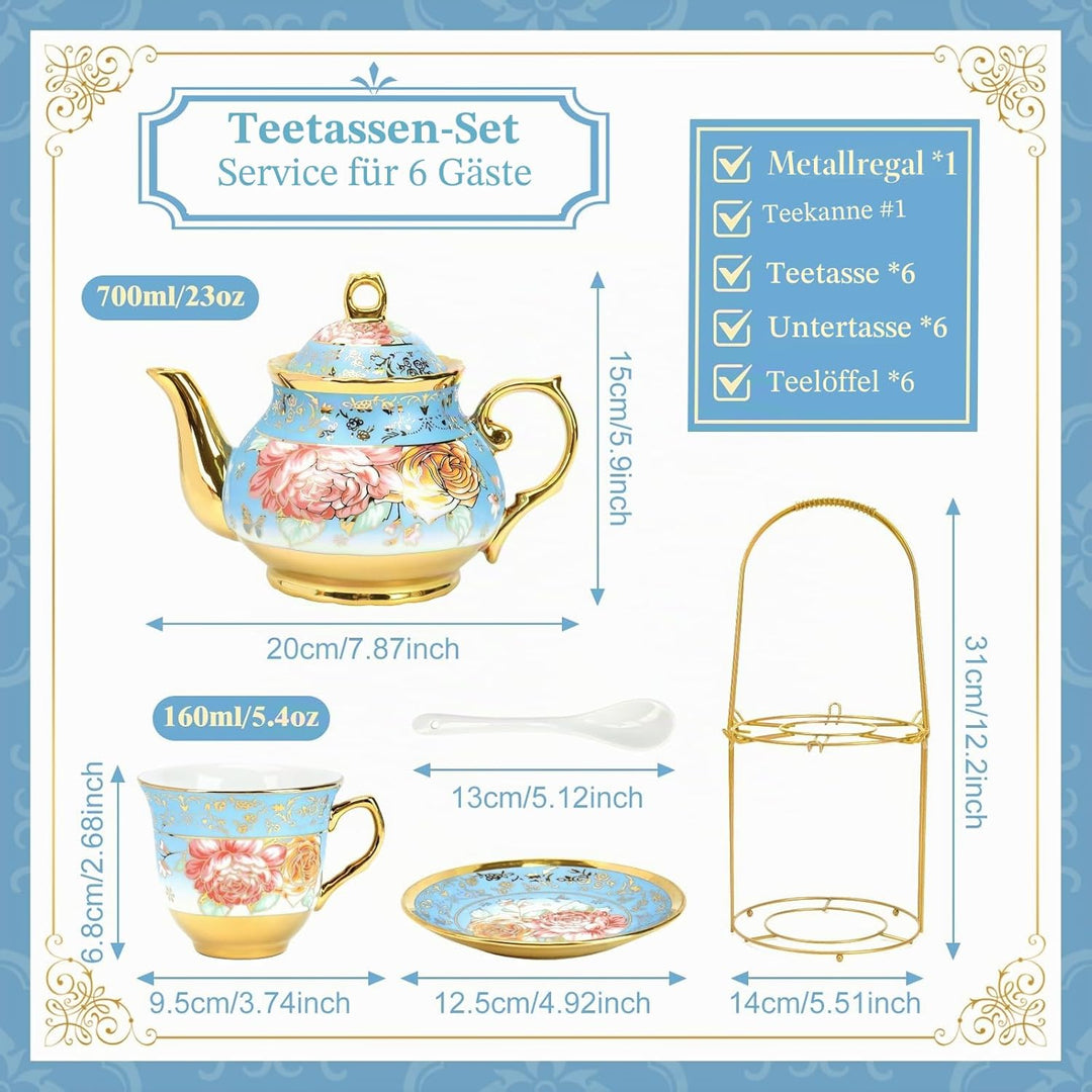 20 Stück Teeservice Porzellan Teeset mit Metallhalter, 700ml Teekanne Keramik Teeset, Blumendesign G