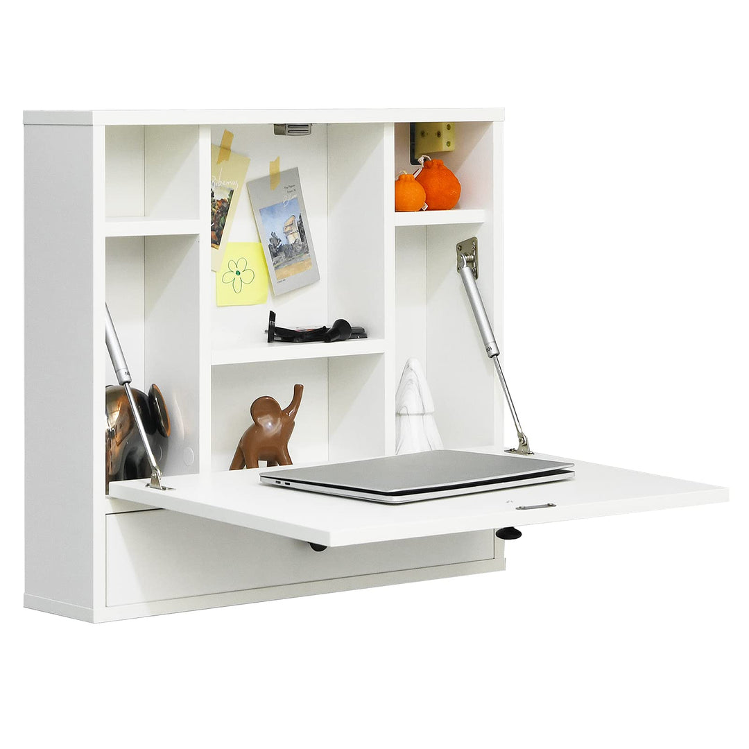 GYMAX Hängeschrank, Wandschrank mit klappbarer Tür, Wandtisch, Klapptisch mit Ablagen & Schublade, W