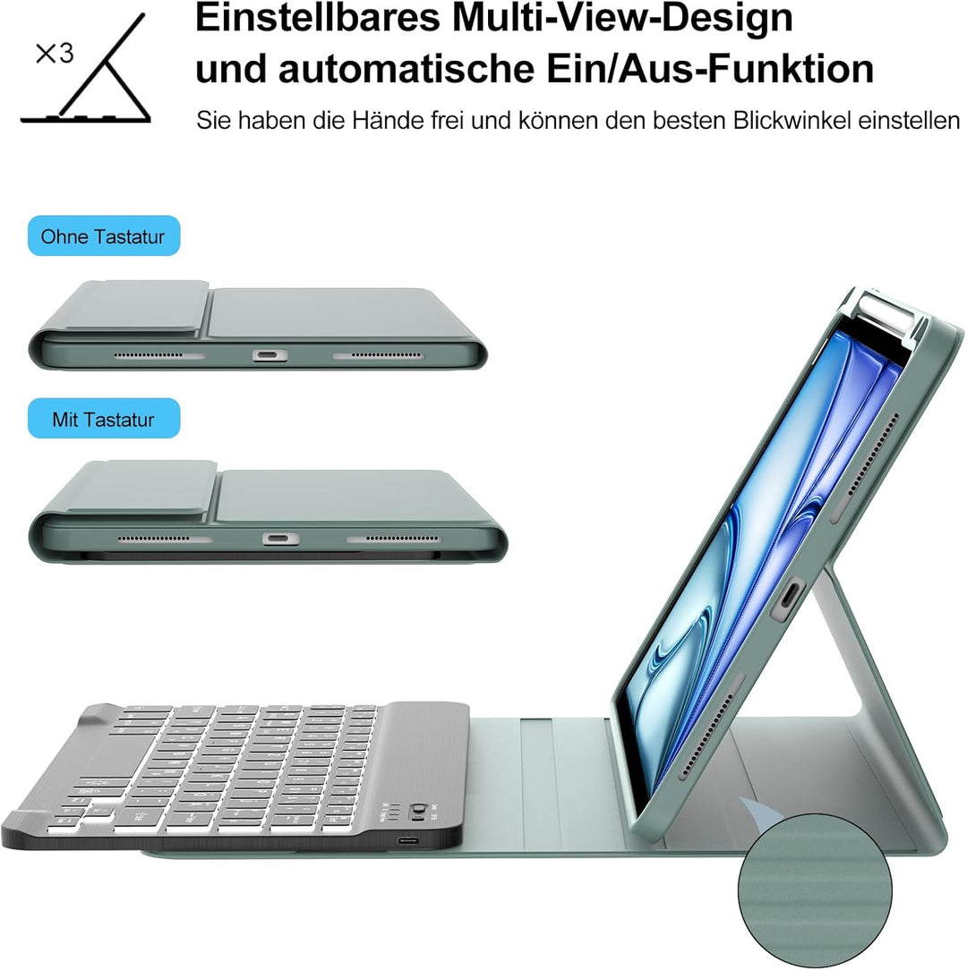 Tastatur für iPad Air 11” M4 2026/M3 2025/M2 2024, 7-Farbige Beleuchtung, Schutzhülle mit Stifthalte