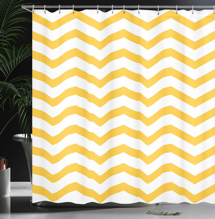 ABAKUHAUS Gelber Chevron Duschvorhang, Wellenförmige Horizontal Kunst, Stoffliches Gewebe Badezimmer