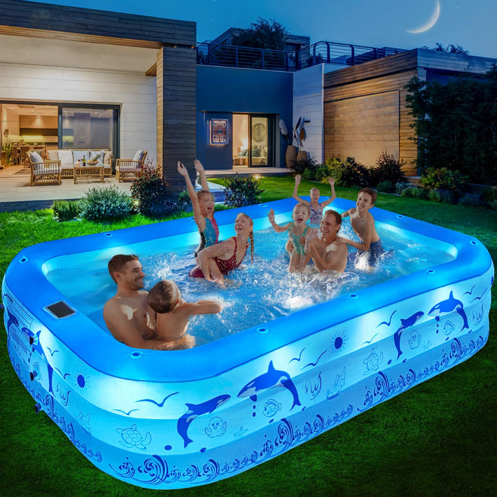 LanOcean Aufblasbarer Pool Erwachsene mit Lichter, Solar Swimmingpool Kinder mit 12 Beleuchtungmodi,
