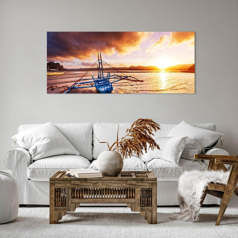 Wandbilder Dekoration Wohnzimmer Ufer Boot Strand Panorama Bilder auf Leinwand 120x50cm Leinwandbild