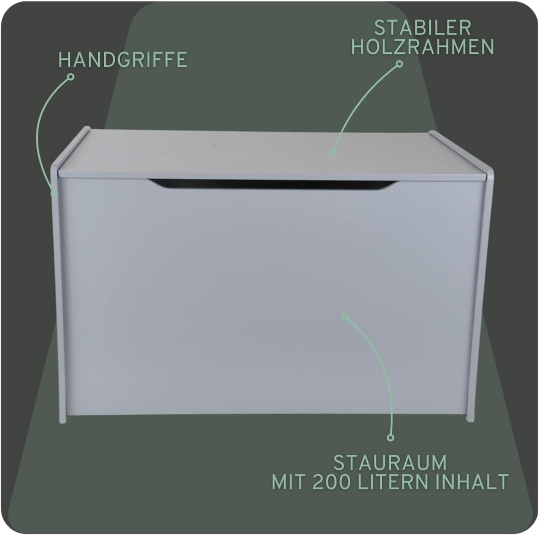 Bandits & Angels Spielzeugkiste aus Holz, Aufbewahrungsbox XL grau – sicherer Verschluss mit Gasfede