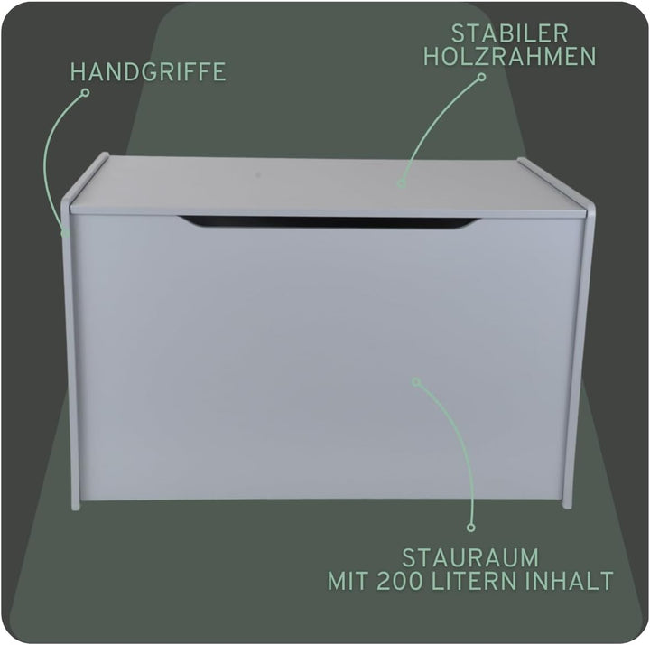 Bandits & Angels Spielzeugkiste aus Holz, Aufbewahrungsbox XL grau – sicherer Verschluss mit Gasfede