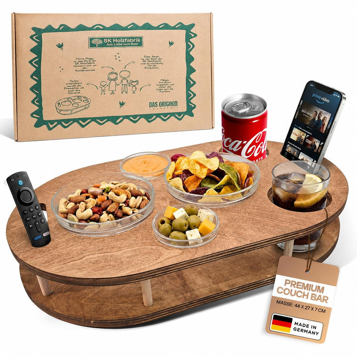 Couchbar Snackbox mit 4 Glasschalen - Sofabar für Snacks und Getränke - Couchtabletts mit Getränkeha