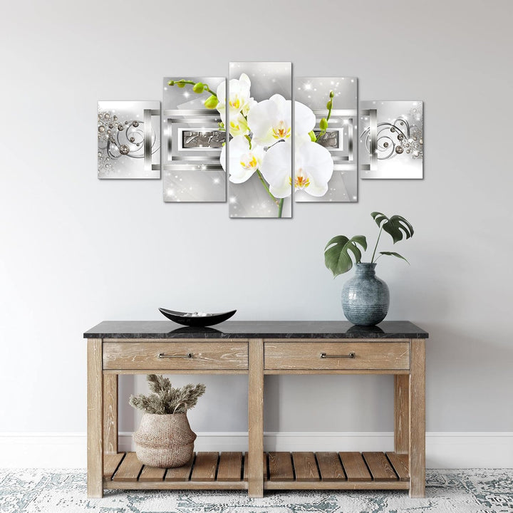 Runa Art Wandbilder Blumen Orchidee 5 Teilig Bild auf Vlies Leinwand Deko Wohnzimmer Ornament Silber