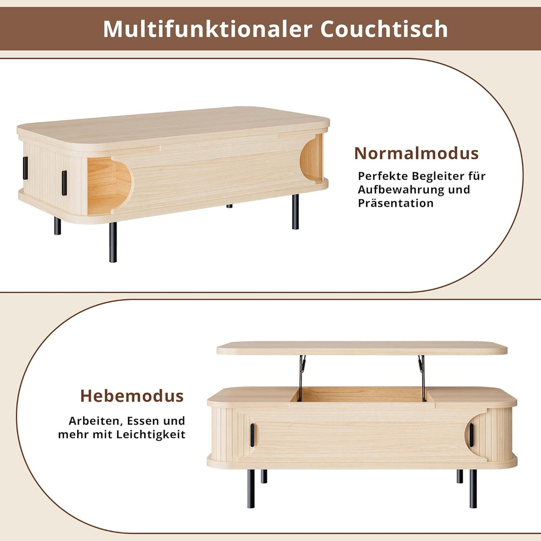 IRONCK Couchtisch höhenverstellbar, Wohnzimmertisch mit Stauraum, Holz Kaffeetisch mit Schiebetüren,