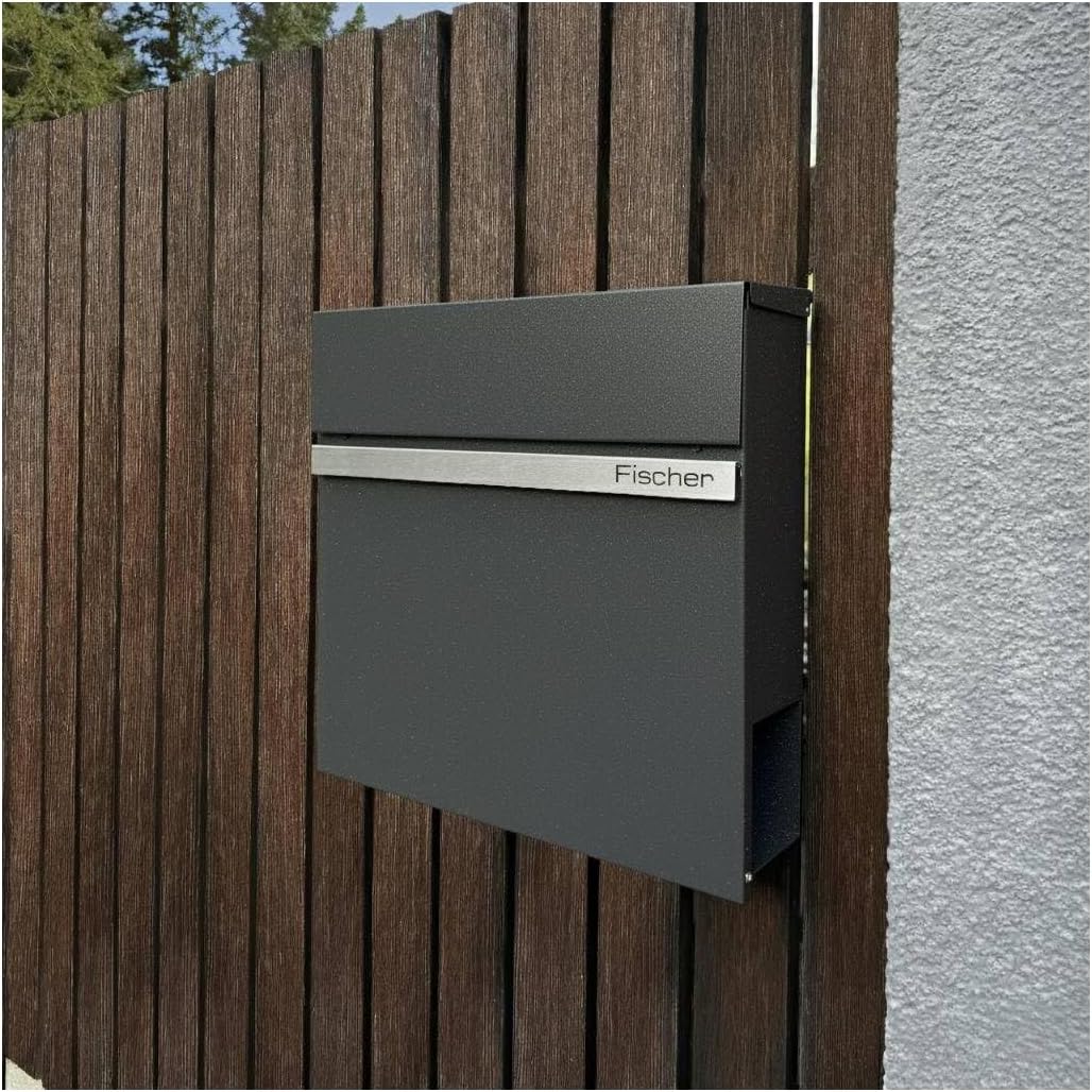 Metzler Briefkasten mit Zeitungsfach Eisenglimmer - Personalisiert mit Edelstahl V2A Namensschild -