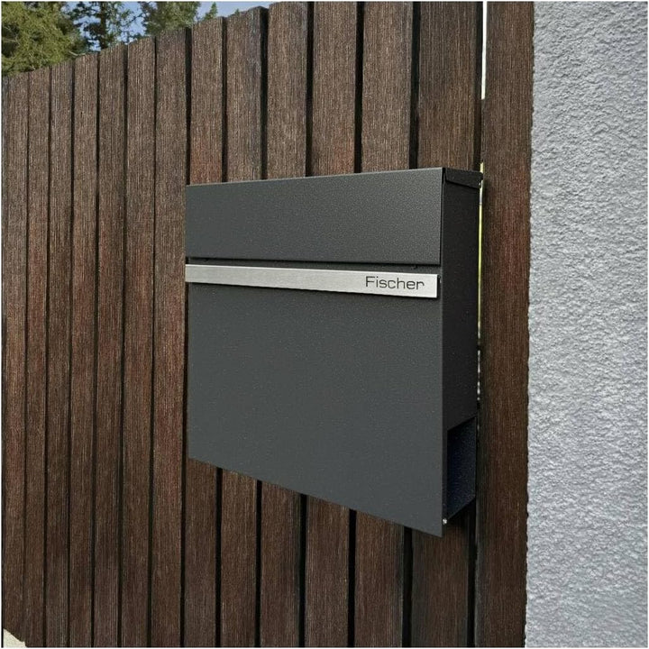 Metzler Briefkasten mit Zeitungsfach Eisenglimmer - Personalisiert mit Edelstahl V2A Namensschild -