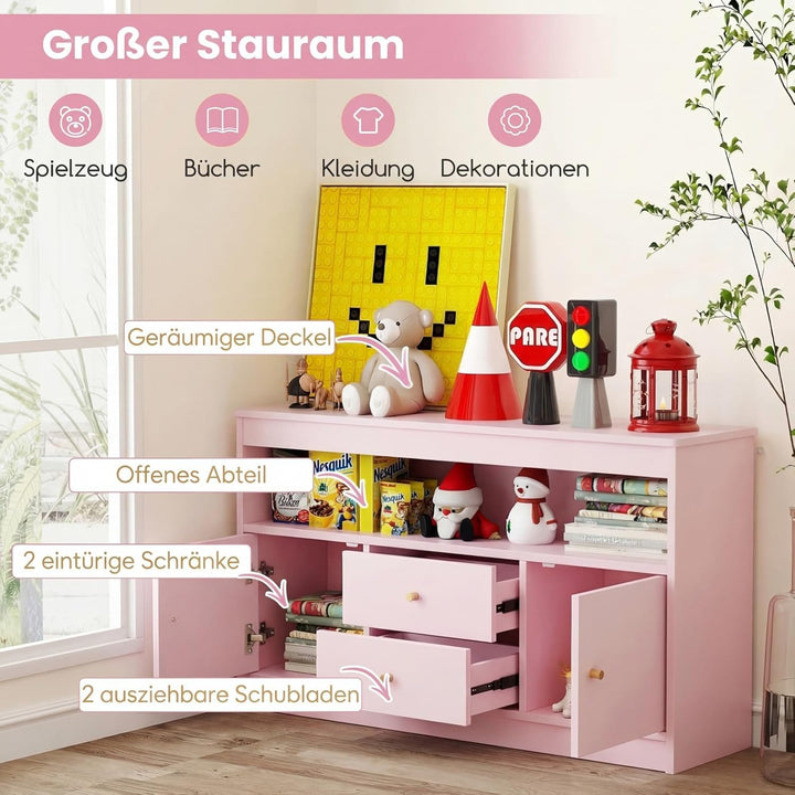 COSTWAY Spielzeugschrank Kinder, Kinderregal aus Holz, Kinderschrank mit 2 Schubladen & 2 Türen, Spi