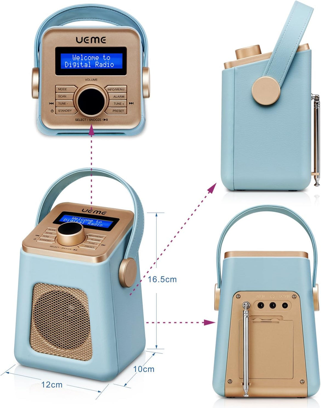 UEME Mini DAB+ DAB Digitalradio und UKW Radio mit Bluetooth Lautsprecher, Radiowecker, und Leder Ver