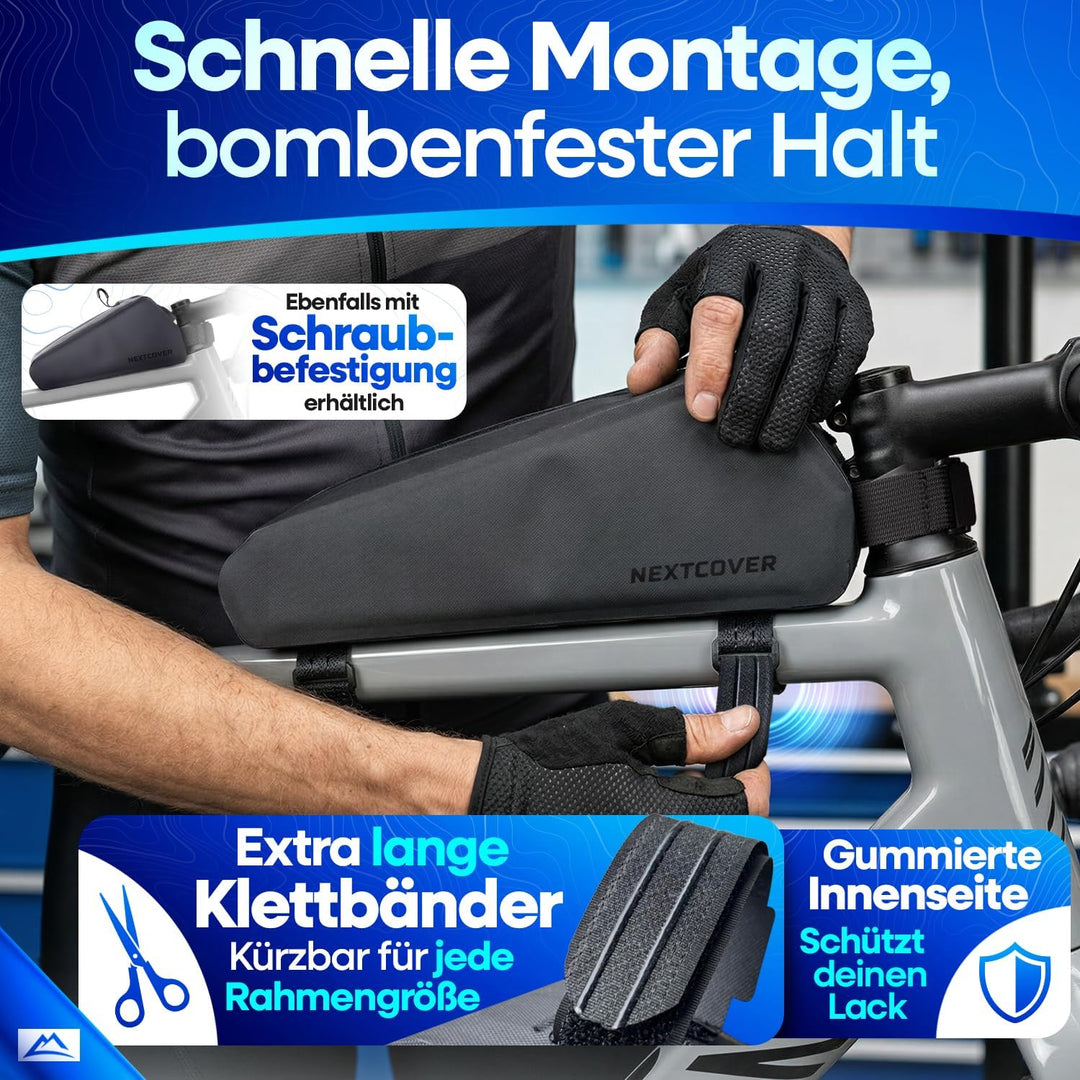 Nextcover® Bikepacking Oberrohrtasche Klett I 100% Wasserdicht Dank AquaShield-TPU I Kompakte Rahmen