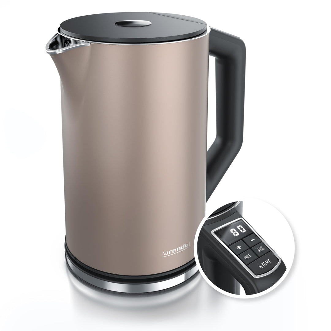 Arendo - Edelstahl Wasserkocher mit Temperatureinstellung 40-100 Grad in 5er Schritten - Doppelwand
