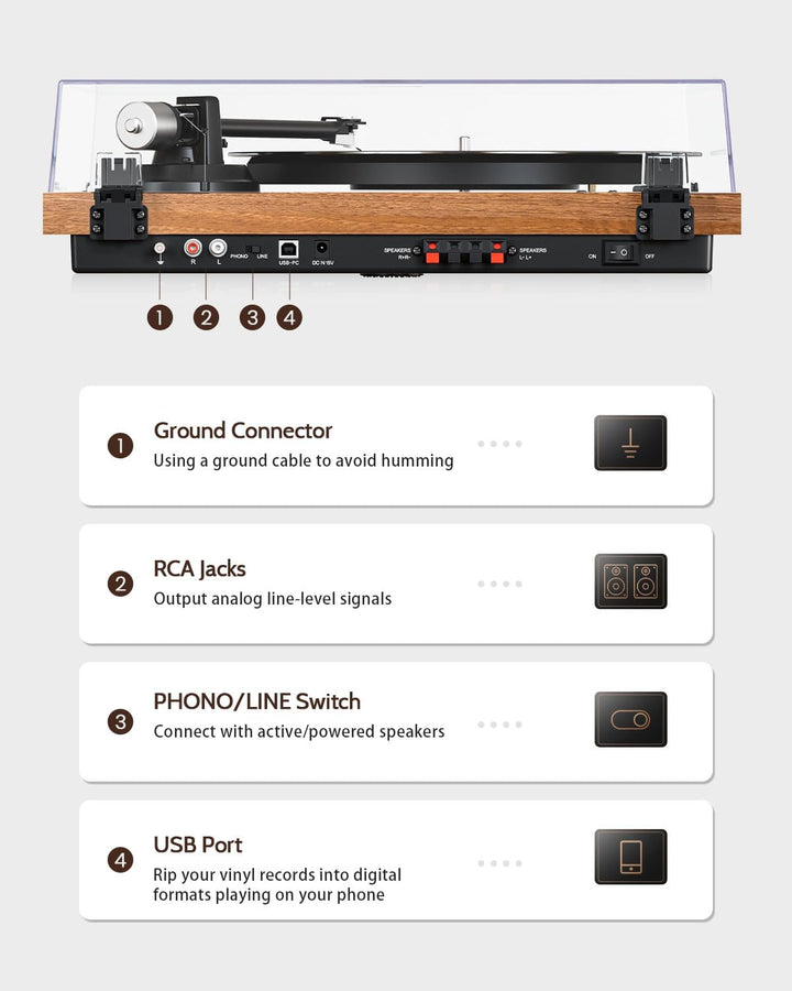 1 BY ONE HiFi Bluetooth Plattenspieler mit USB-Anschluss MM System 33/45 U/min Auto-Stopp und Phono-
