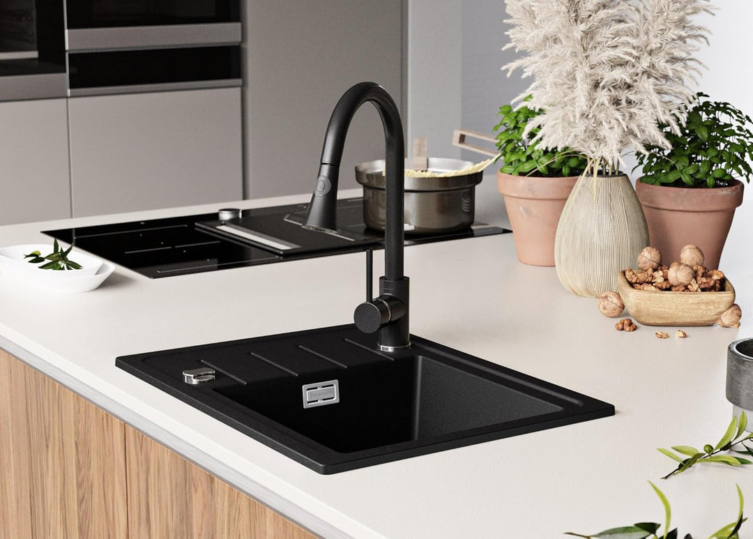Granitspüle Schwarz 55x44 cm, Spülbecken + Ablauf-Set + Küchenarmatur 9050, Küchenspüle für 45er Unt
